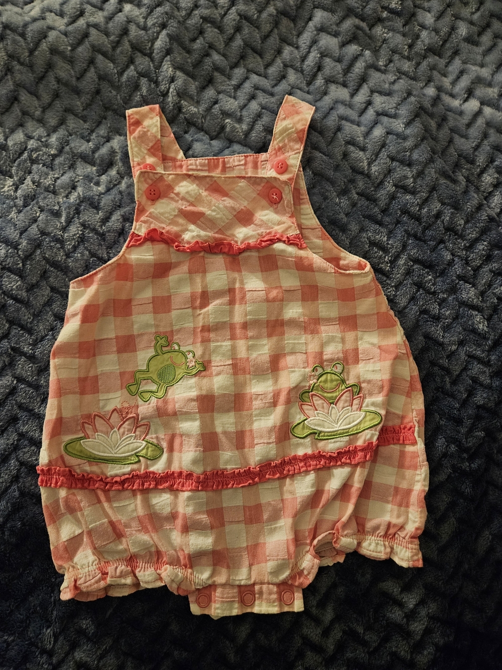 Pink Gingham Frog Applique Baby Romper